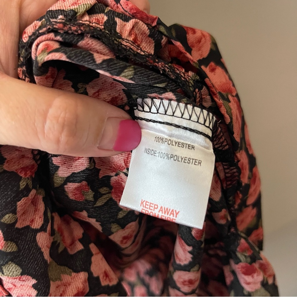 Nasty Gal Floral Wrap Mini Dress Puff Sleeve V Neck Black Pink Roses Y2K Small - Picture 8 of 8